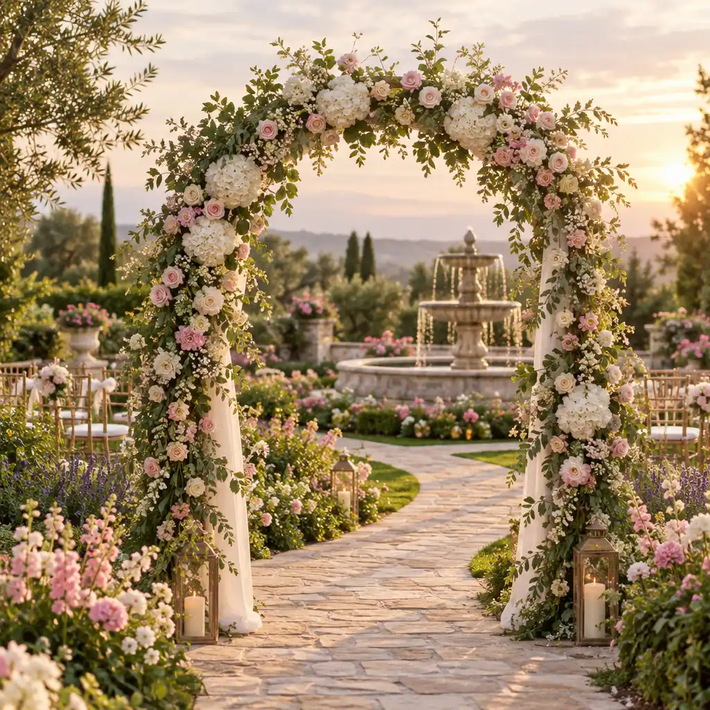 Jardin rénové avec arche fleurie, fontaine en pierre et allées pavées
