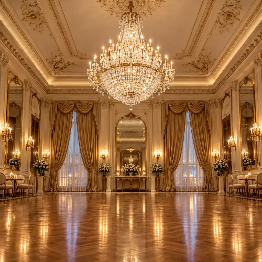 Salle de bal rénovée avec lustre en cristal, parquet brillant et rideaux dorés