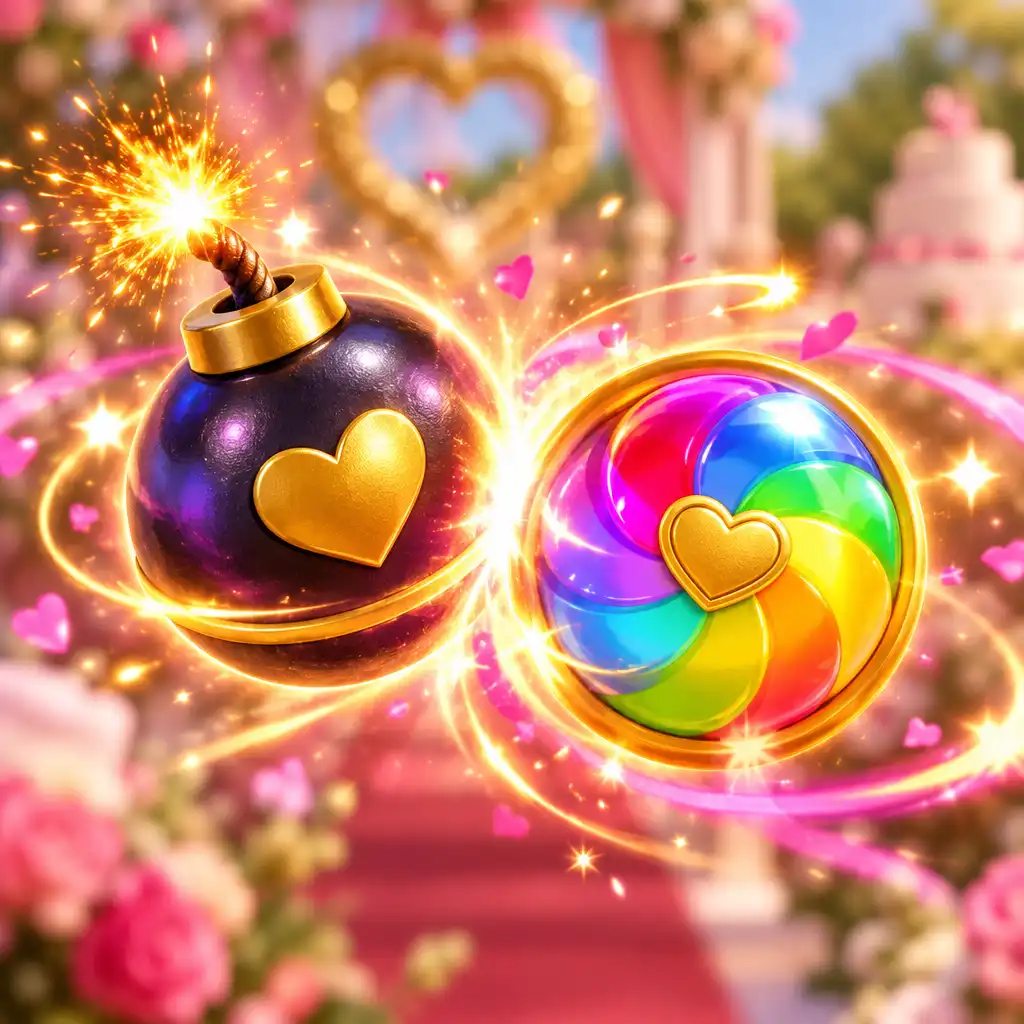Combinaison de pièces spéciales dans Wedding Match avec une bombe et une pièce arc-en-ciel sur le point d'être fusionnées