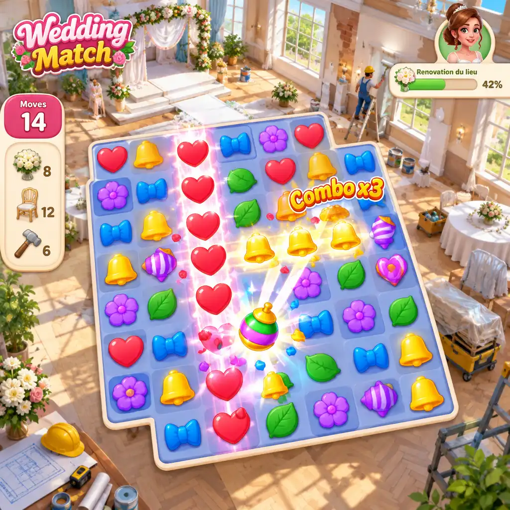Gameplay de Wedding Match montrant une grille Match-3 avec des combos et un lieu en rénovation