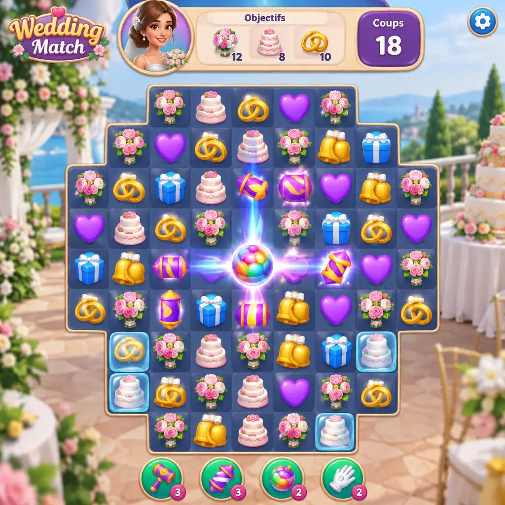 Capture d'écran du gameplay de Wedding Match montrant une grille de tuiles colorées avec des icônes de mariage et des pièces spéciales activées