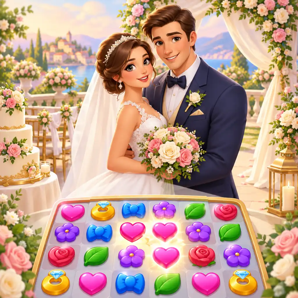 Scène d'ouverture de Wedding Match montrant un décor de mariage élégant et des tuiles colorées